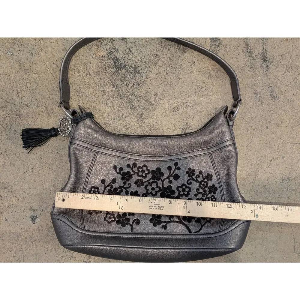 Brighton Handbag Embroidered Flowers Leather Metallic Pewter w/ Tassel Purse HTF